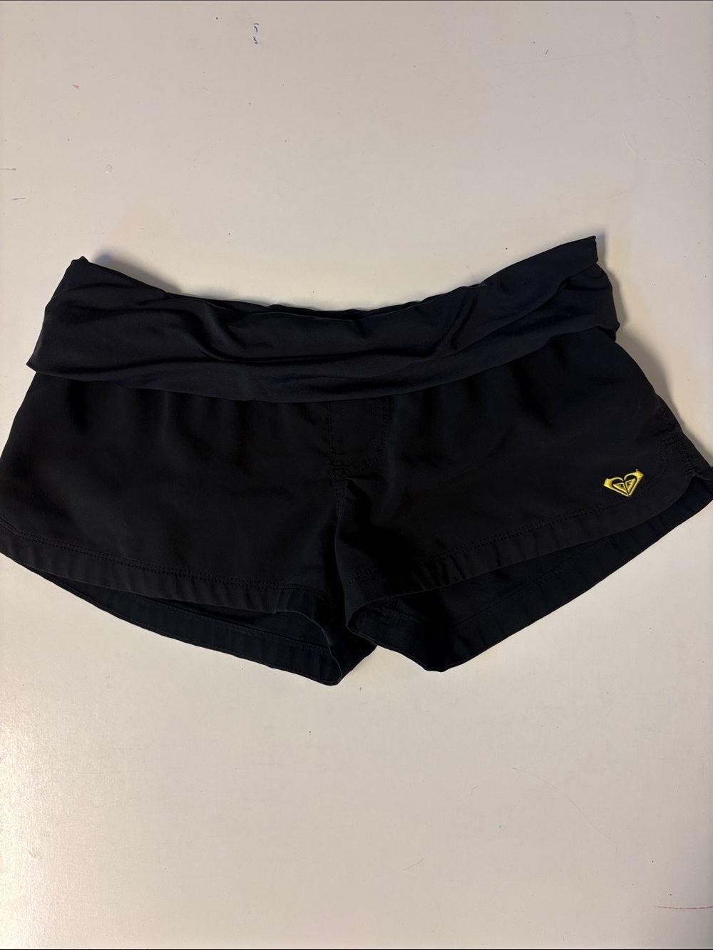 Roxy Black Foldover Waist Bike Shorts with Yellow Logo